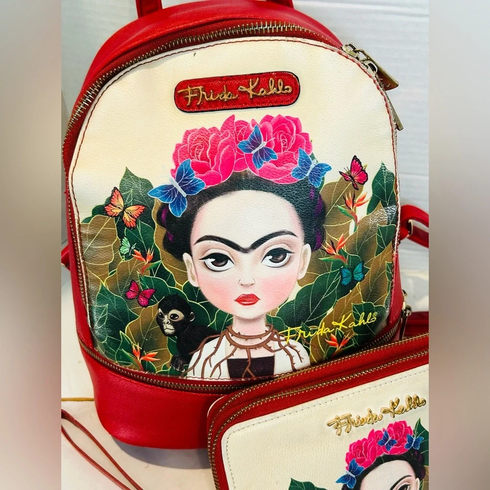 Frida Kahlo Cartoon Red and Cream Backpack & Matching Wallet